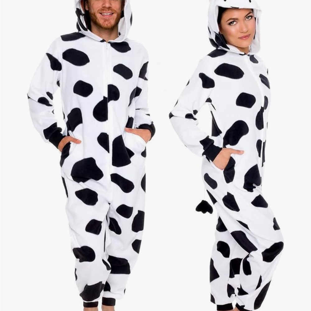 Unisex cow onesie. Great for a family Chick-Fil-A costume or Halloween costume.